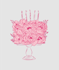 Cake on stand made with flowers and candles drawing in floral style with pink on beige background