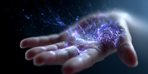  Handprint scanner glows with signal pulses, visualizing trust and AI intent.
