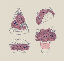 Food floral illustrations slice of pizza, taco, burger, take away coffee in floral style with flowers and petals drawing with blue and red on beige background
