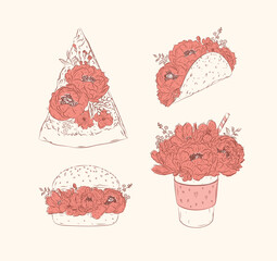 Food floral illustrations slice of pizza, taco, burger, take away coffee in floral style with flowers and petals drawing with coral and brown on beige background
