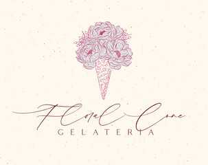 Gelateria label design with lettering floral cone drawing on beige background