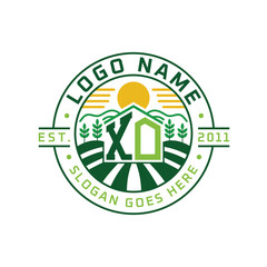 Modern Farmhouse XO Logo Design. Letter XO Agriculture Logo with Sun, Field, and Nature Elements
