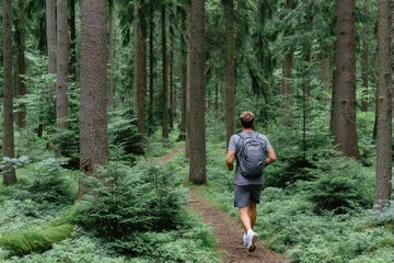 Fototapeta premium A man who runs trails and is an athlete wears sports shoes suited for forest trail running