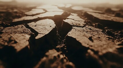 Cracked earth with a soft, diffused light creating a sense of depth, with shadows accentuating the intricate textures and the dryness of the surface