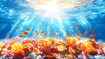 Fototapeta premium Vibrant coral reef teeming with small orange fish, bathed in sunlight penetrating the ocean surface