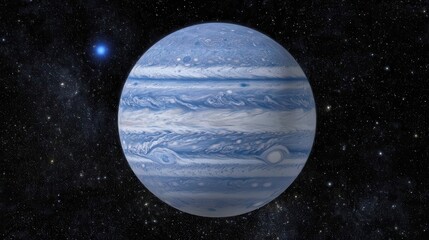 A dazzling 3D representation of Jupiter enveloped by a twinkling star-filled sky and luminous blue trails of light