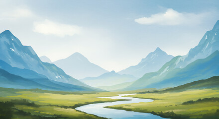 Fototapeta premium Mountain Landscape with River and Green Valley