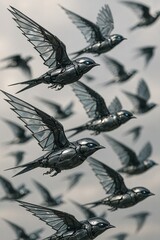 Fototapeta premium Flock of robotic birds in synchronized flight