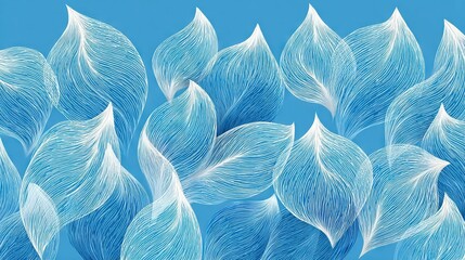   A close-up photo of a blue and white watercolor depicting various leaves against a blue backdrop