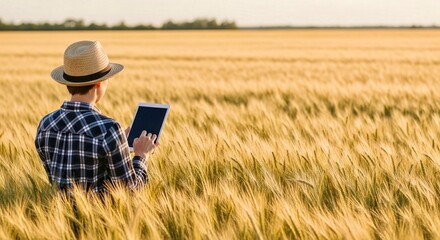 A person in a straw hat and plaid shirt stands in a wheat field, looking at a tablet.
