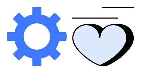 Blue gear next to a heart in motion lines, symbolizing the balance between technology and empathy. Ideal for innovation, teamwork, balance, social impact, automation, care ethics connection. Flat