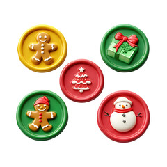 Fototapeta premium five different colorful wax seals each featuring a unique embossed holiday-themed character: a gingerbread man, Christmas tree with ornaments, snowman with scarf, reindeer face, and a gift box