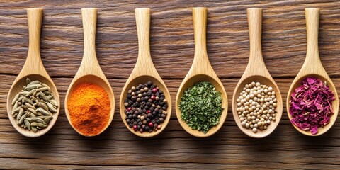 Variety of spices in wooden spoons on a wooden background