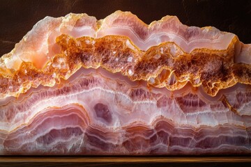 Stunning close-up of a layered agate stone featuring pink, orange, and white bands of varying textures.