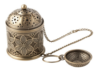 Retro vintage tea infuser png antique metal tea strainer png vintage loose leaf tea infuser png retro tea brewing accessory png classic tea tool png transparent background