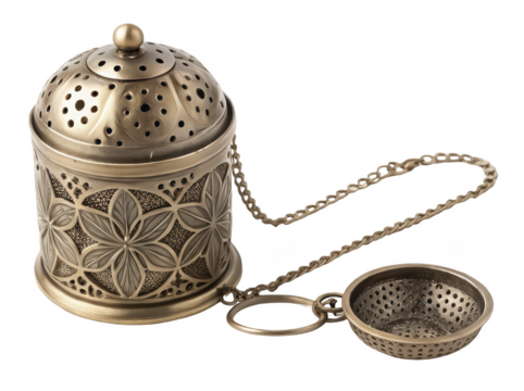 Retro vintage tea infuser png antique metal tea strainer png vintage loose leaf tea infuser png retro tea brewing accessory png classic tea tool png transparent background