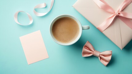 Pastel-toned gift, coffee cup, and bowtie arrangement on a light teal surface.