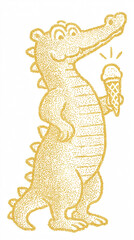 playful cartoon crocodile and dinosaur holding ice cream cones, bold textured line art in retro style with cheerful expressions, cute animal characters for kids and food themes

