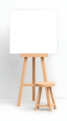 A light-wood easel displays a blank canvas; a small wooden stool sits beside it against a white backdrop