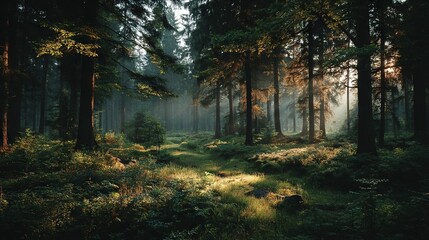 Obraz premium The sun filters through green-grassed forests, casting light on thin, tall trees