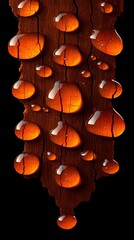 Amber-hued droplets cling to a dark, vertically oriented, cracked wooden surface against a black backdrop