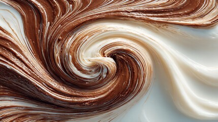   A close-up of a chocolate swirl with white and brown swirls in the center of a swirled chocolate and white swirl