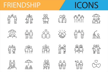 A collection of friendship icons illustrating various concepts such as handshakes, teamwork, partnerships, and emotional connections. These vector icons are perfect for use in social media, personal d