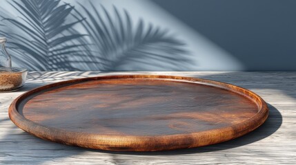 Obraz premium The image features a wooden podium positioned on a blue wall, complete with a palm branch, the silhouettes of palm leaves, and an empty area designated for the display of products or the inclusion of
