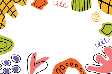 Children's background with playful abstract hand-drawn figures. Funny figures, primitive colorful shapes on a white background. Vector illustration with copy space.