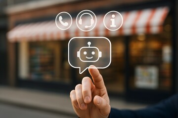 Digital Assistance: A modern concept showcasing the future of customer service and interaction, with a hand seemingly interacting with a digital chatbot. Enhancing brand customer experiences.