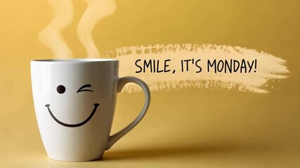 Happy monday smiley face mug with steam and cheerful message in yellow