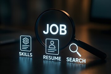 A magnifying glass illuminates the word job flanked by icons for skills, resume, and search. Concept of career exploration and employment opportunity.