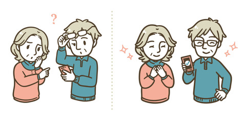 スマートフォンに困惑する高齢者と解決して安心するシニア夫婦のイラストセット