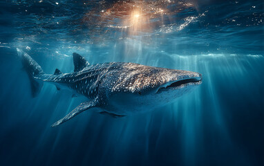 Naklejka premium whale shark swimming under clear ocean surface with sunbeams shining through water, majestic marine wildlife scene highlighting peaceful underwater biodiversity in blue tropical sea 