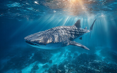 whale shark swimming under clear ocean surface with sunbeams shining through water, majestic marine wildlife scene highlighting peaceful underwater biodiversity in blue tropical sea