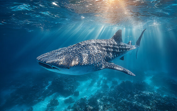 whale shark swimming under clear ocean surface with sunbeams shining through water, majestic marine wildlife scene highlighting peaceful underwater biodiversity in blue tropical sea
