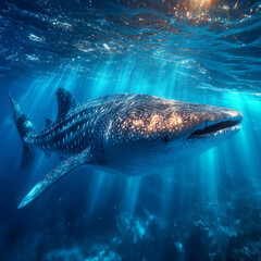 Fototapeta premium whale shark swimming under clear ocean surface with sunbeams shining through water, majestic marine wildlife scene highlighting peaceful underwater biodiversity in blue tropical sea 
