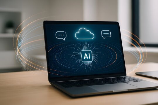 A slim laptop displays a central ai chipset icon linked to a glowing cloud and chat bubbles. Concept of artificial intelligence synergy with cloud computing and communication.