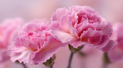   A close-up of some pink flowers with a blurry background of the flowers in the foreground