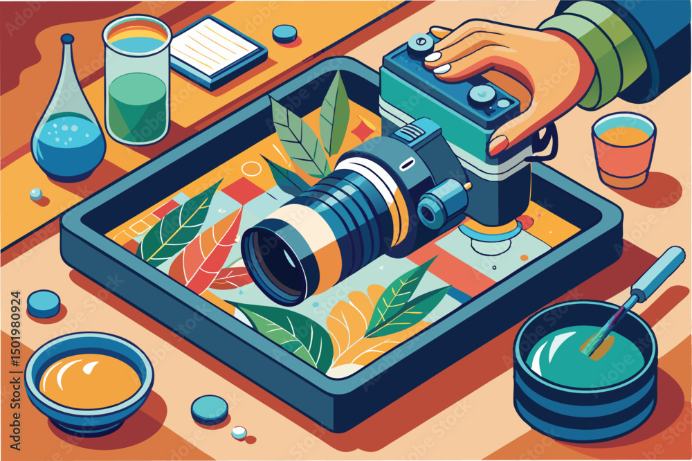 Aufkleber Creative hand using a camera to capture vibrant vector illustrations and clipart elements in a colorful laboratory setup with various supplies