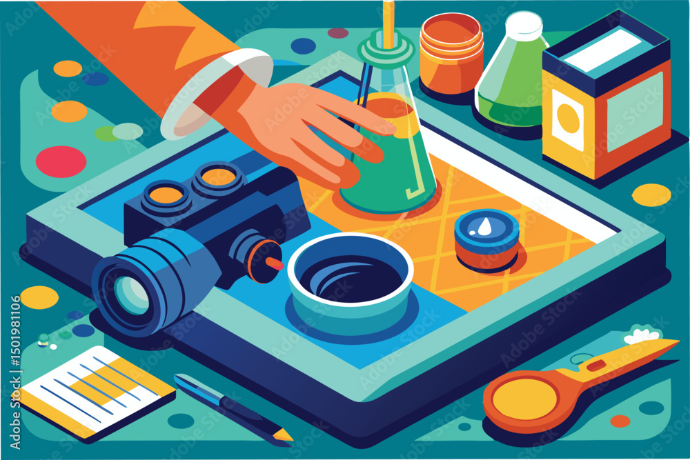 Poster Creative hand using a camera to capture vibrant vector illustrations and clipart elements in a colorful laboratory setup with various supplies