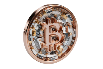 A digital currency token with intricate circuitry and a prominent symbol ideal for finance and