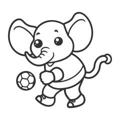Cute Cartoon Elephant with Soccer Ball – Simple Black & White Line Art
