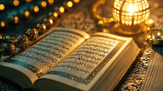 Book of faith open with golden script, illuminated by warm candlelight. Islamic spirituality concept.