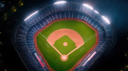 Aerial view of a baseball stadium at night, illuminated by bright lights, showcasing the field and seating.