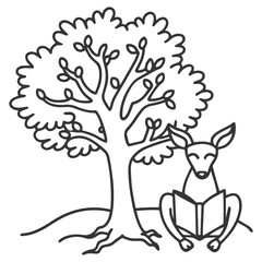 Minimalist Black & White Deer and Tree – Simple Forest Line Art Illustration