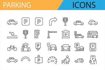 Parking space icons with P symbol and car illustrations for travel and navigation.