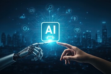 A conceptual visualization of AI interaction, featuring a robotic and human hand extending toward a luminous &ldquo;AI&rdquo; icon, with futuristic UI icons and a city at night.
