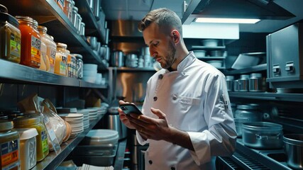 Man in chef's outfit looking at cell phone, likely checking customer orders or browsing menu options. Professional kitchen in the background with various cooking tools and shelving. - Powered by Adobe