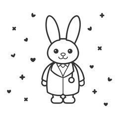 Cute Cartoon Rabbit in Lab Coat – Black & White Line Art with Hearts and Pluses